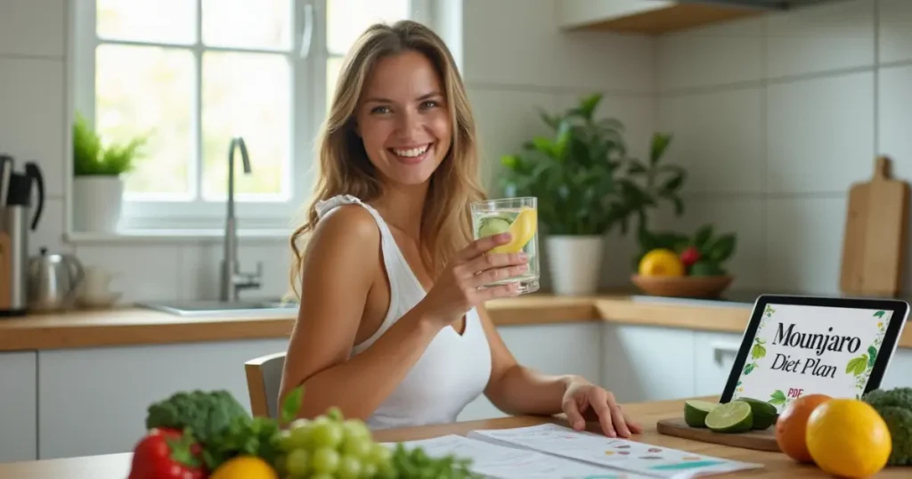Woman proudly holding her Mounjaro Diet Plan PDF
plan with wellness tools