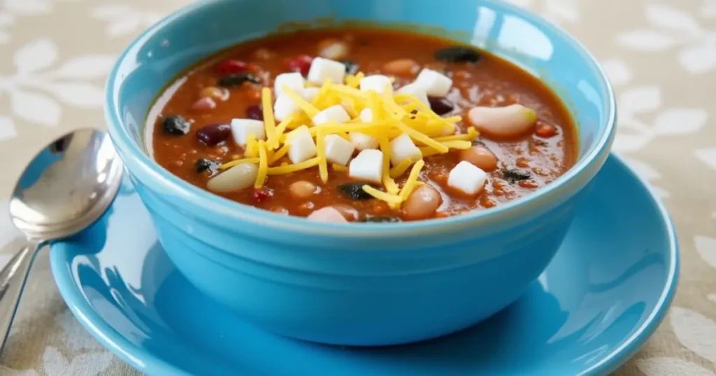 A steaming bowl of Wendys-style chili topped with cheddar cheese and green onions on a rustic wooden table with fresh ingredients around. Wendys Chili Recipe