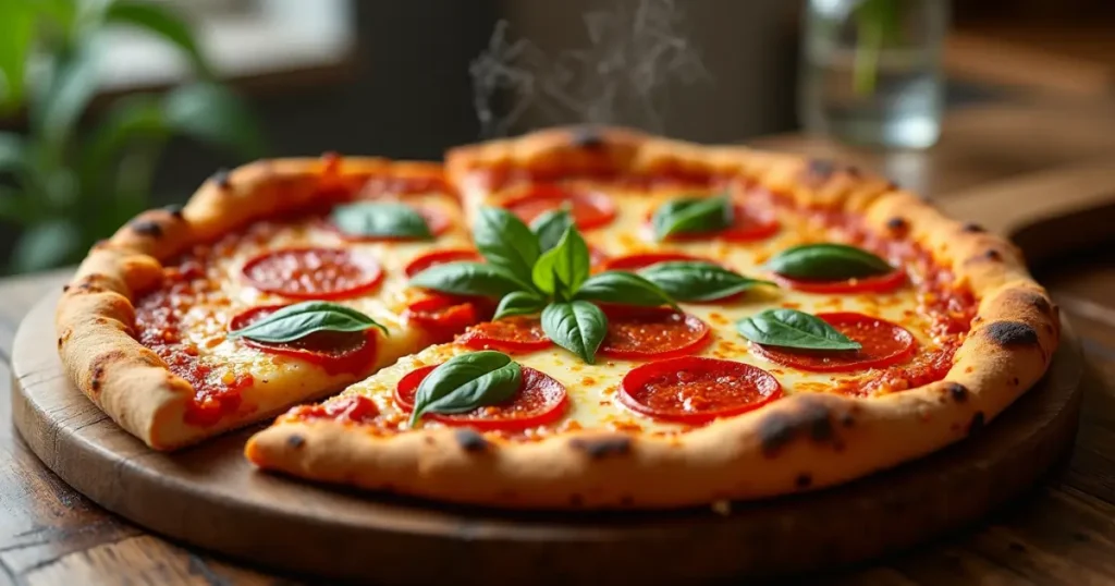 Golden crust pizza with melted cheese and basil on a wooden board