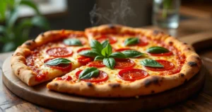 Golden crust pizza with melted cheese and basil on a wooden board