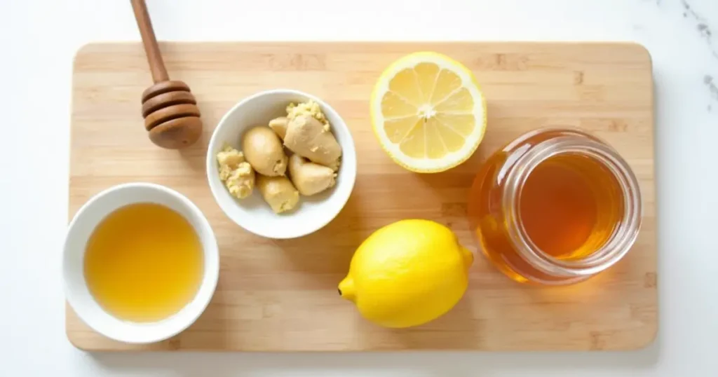 Four ingredients forMounjaro Natural Recipe laid out: apple cider vinegar, lemon, ginger, and honey.