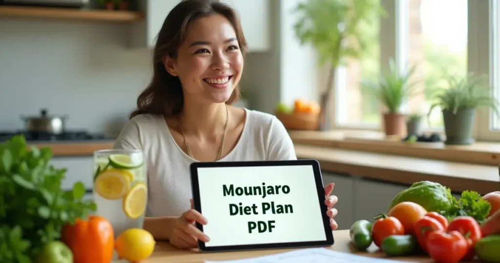 Woman serving a healthyMounjaro Diet Plan PDF
meal in her kitchen