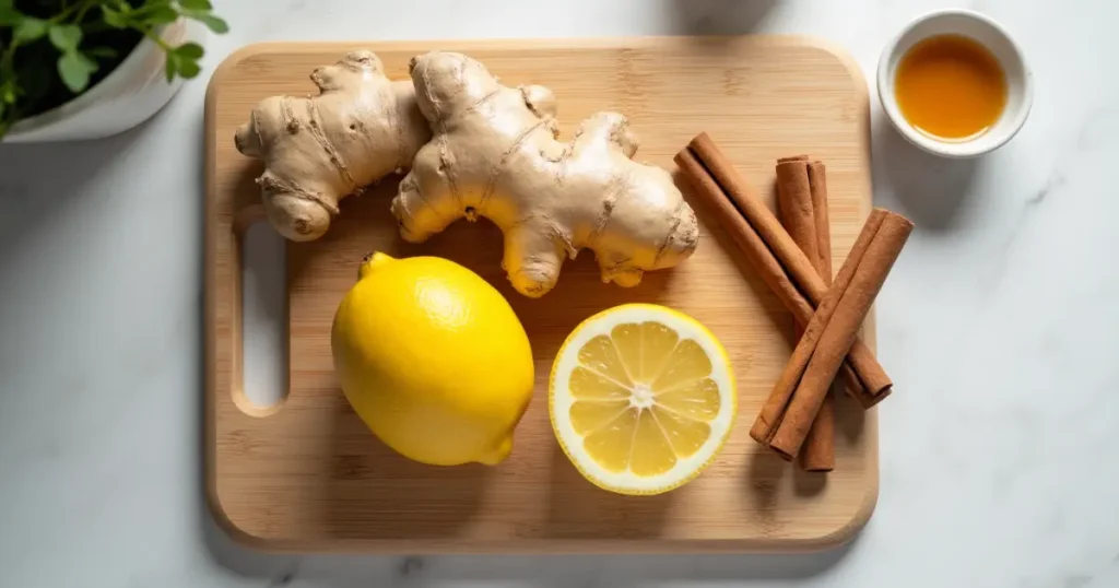 Fresh ginger, lemon, and cinnamon on a wooden cutting board.what are the 3 ingredients in brazilian mounjaro