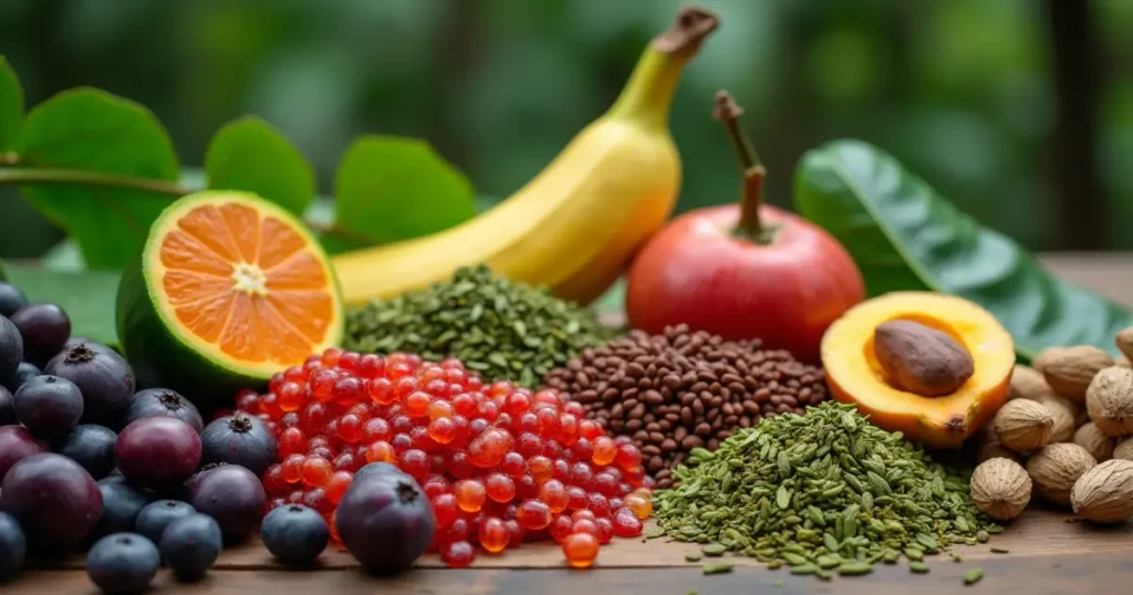 Assorted Amazonian superfoods on rustic table – Brazilian Mounjaro ingredients