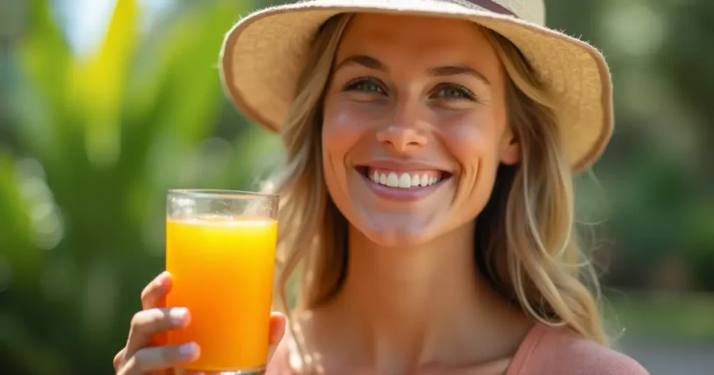 Person holding Brazilian Mounjaro supplement in tropical setting