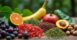 Assorted Amazonian superfoods on rustic table – Brazilian Mounjaro ingredients