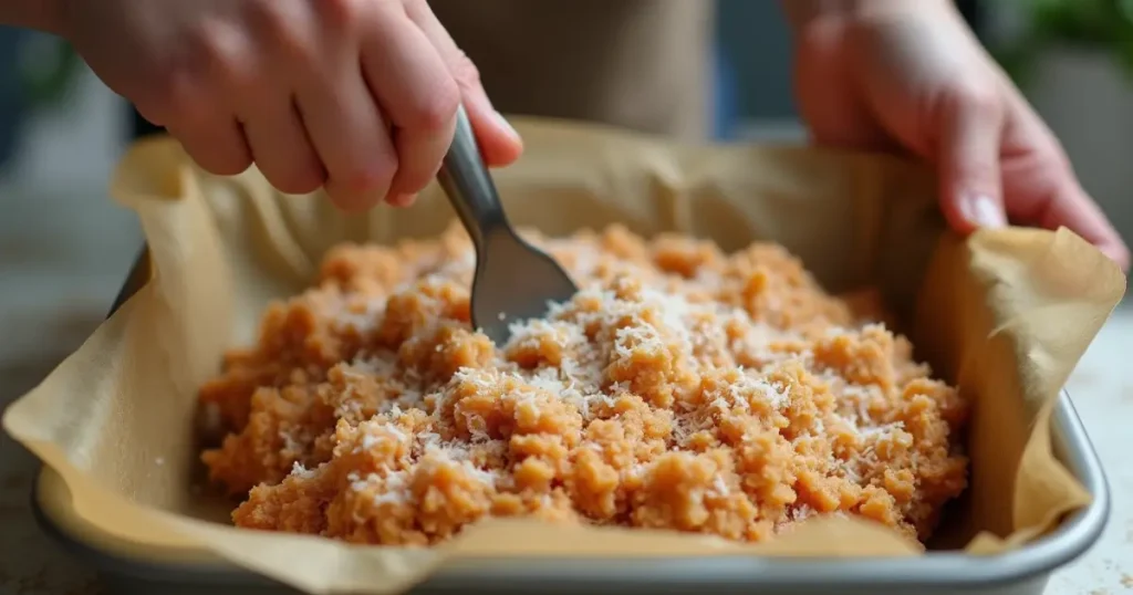 spreading three ingredient brazilian mounjaro dough in baking pan