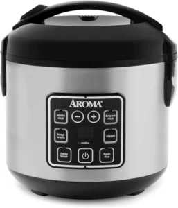 AROMA ARC-914SBD 8-cup digital rice cooker with stainless steel exterior, black lid, and programmable control panel showing white rice, brown rice, steam, flash rice, keep warm and delay timer buttons