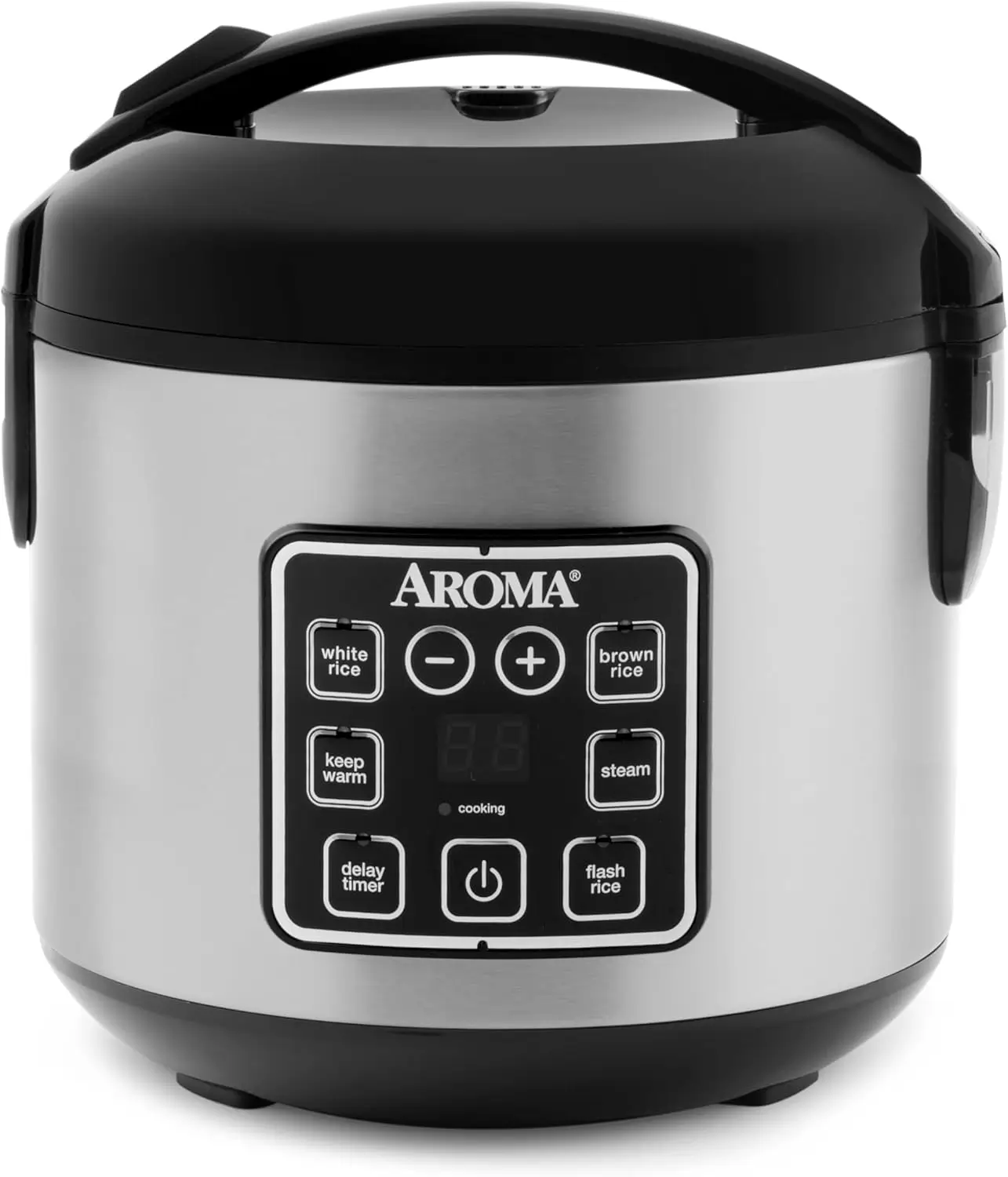 AROMA ARC-914SBD 8-cup digital rice cooker with stainless steel exterior, black lid, and programmable control panel showing white rice, brown rice, steam, flash rice, keep warm and delay timer buttons