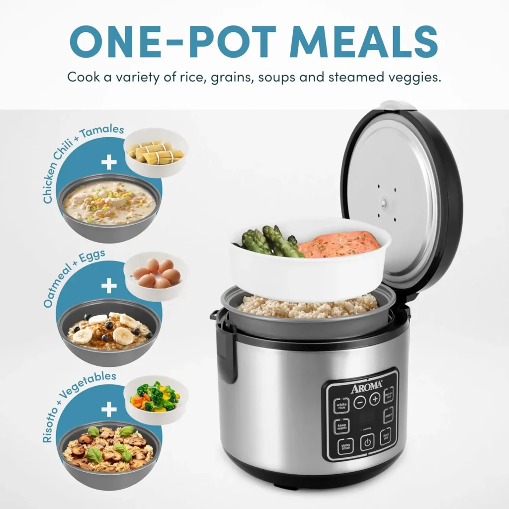 AROMA ARC-914SBD review cooker open with steam tray holding salmon and asparagus over brown rice, surrounded by infographic showing one-pot meal combinations including chicken chili with tamales, oatmeal with eggs, and risotto with vegetables
