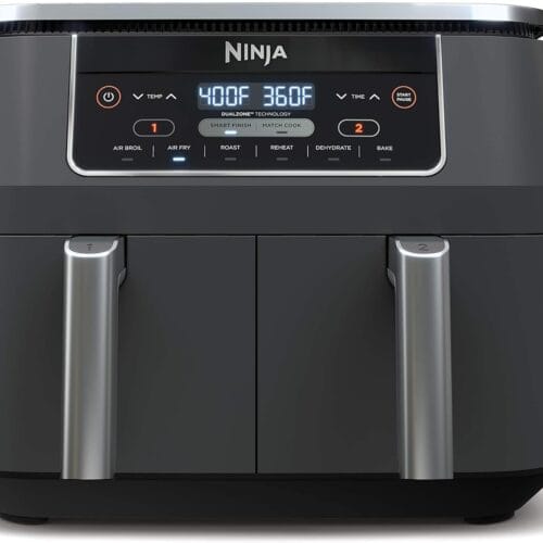 Ninja Foodi DualZone air fryer control panel showing dual temperature settings