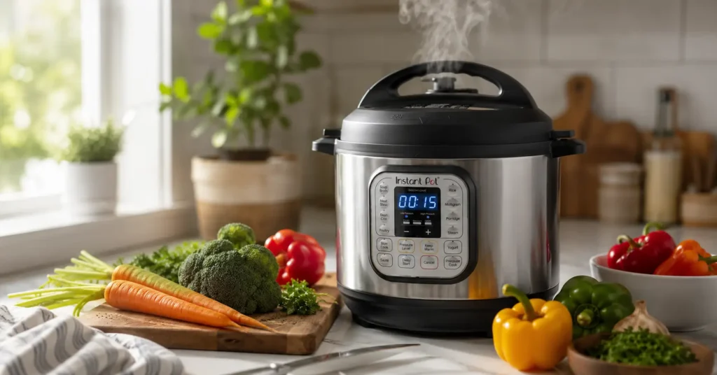 A steaming Instant Pot on a bright kitchen counter surrounded by fresh ingredients like carrots, broccoli, and bell peppers.