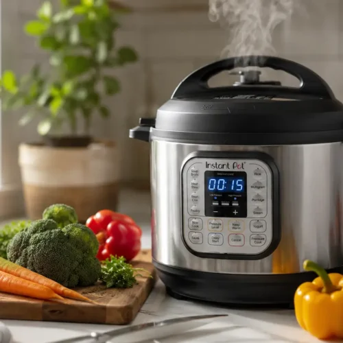 A steaming Instant Pot on a bright kitchen counter surrounded by fresh ingredients like carrots, broccoli, and bell peppers.