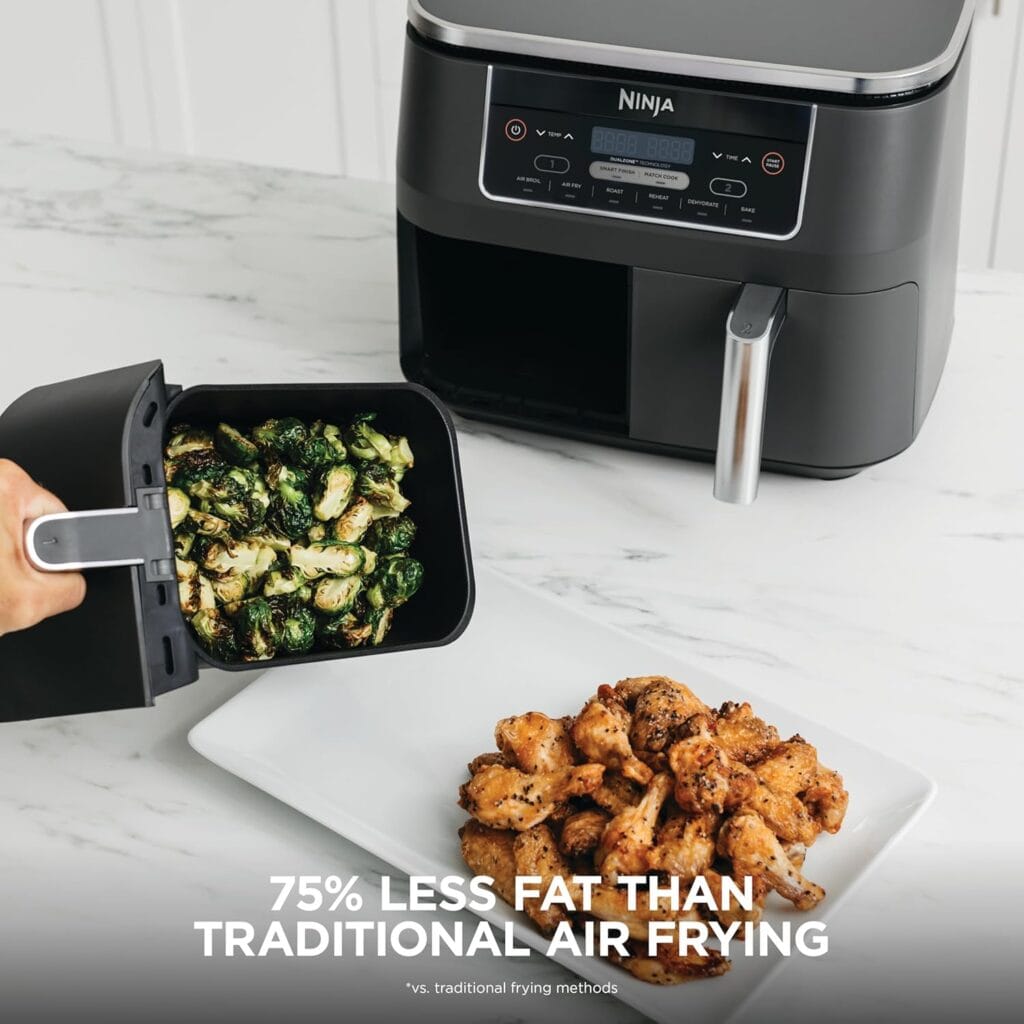 Top view of Ninja Foodi DualZone air fryer with wings and brussels sprouts in separate baskets