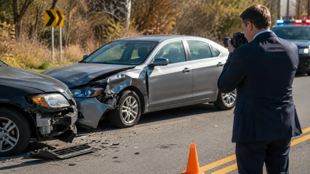 Car accident investigation showing damaged vehicles and evidence