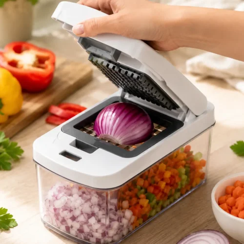 "Vegetable chopper dicing onions and vegetables on a small kitchen counter . • Best Kitchen Organizers for Small Kitchens