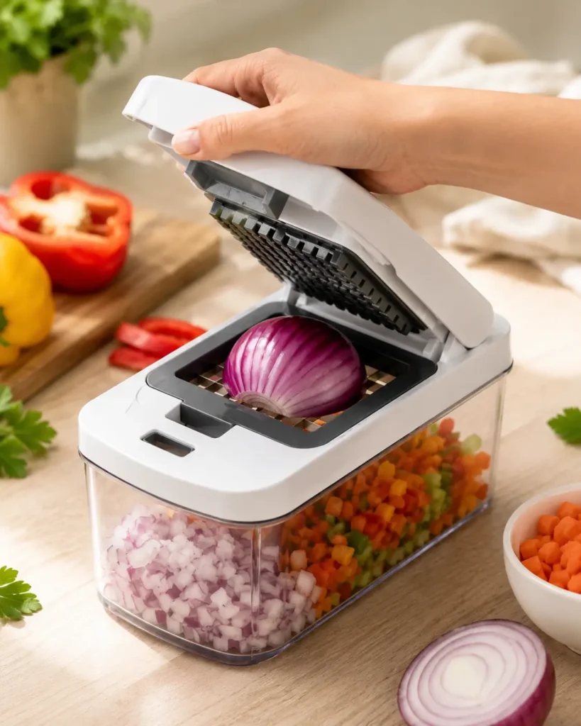 "Vegetable chopper dicing onions and vegetables on a small kitchen counter . •	Best Kitchen Organizers for Small Kitchens 