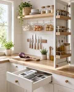 Small kitchen organizer setup with wall storage, magnetic knife strip, and drawer-stored vegetable chopper. Best Kitchen Organizers for Small Kitchens