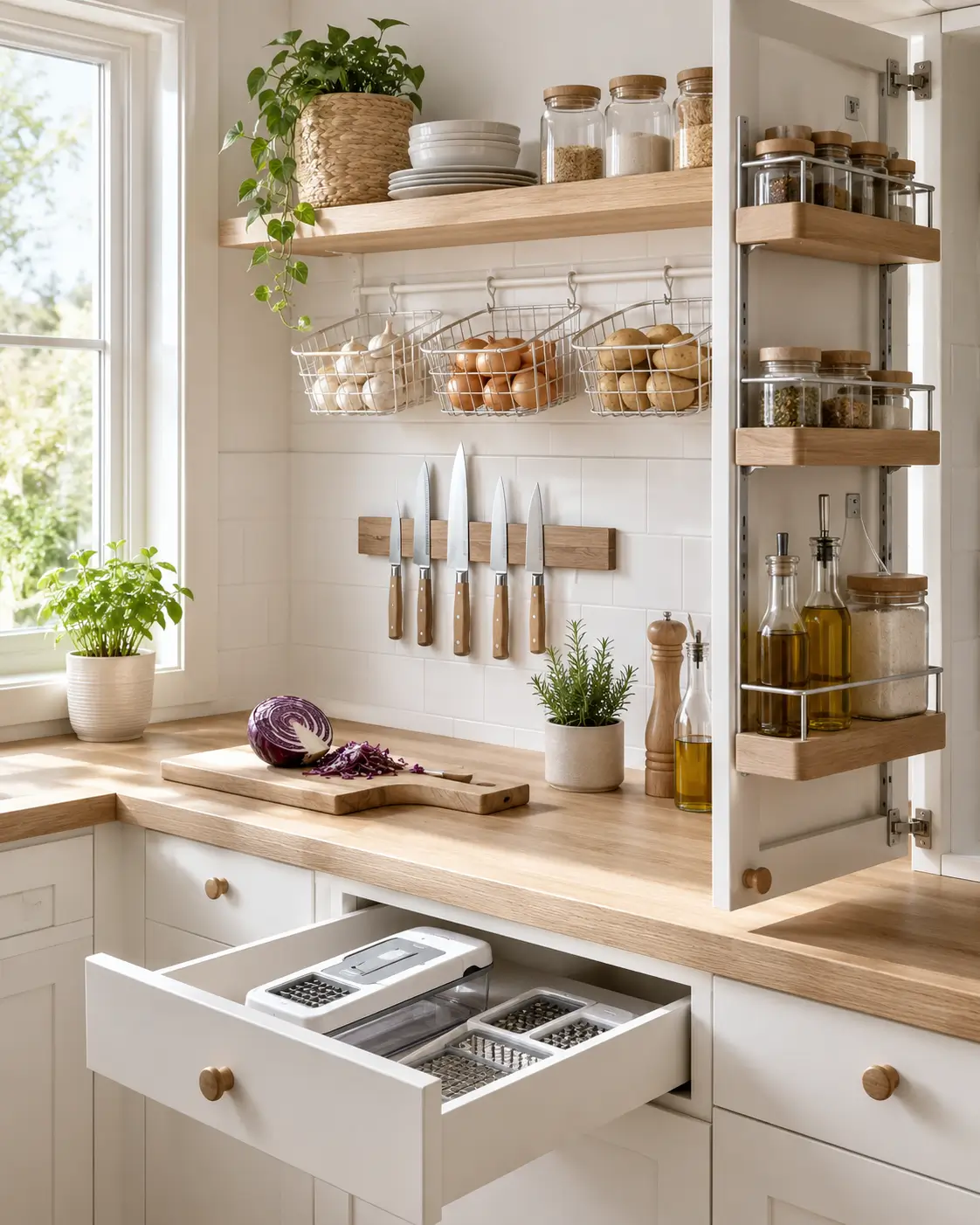 Small kitchen organizer setup with wall storage, magnetic knife strip, and drawer-stored vegetable chopper. Best Kitchen Organizers for Small Kitchens