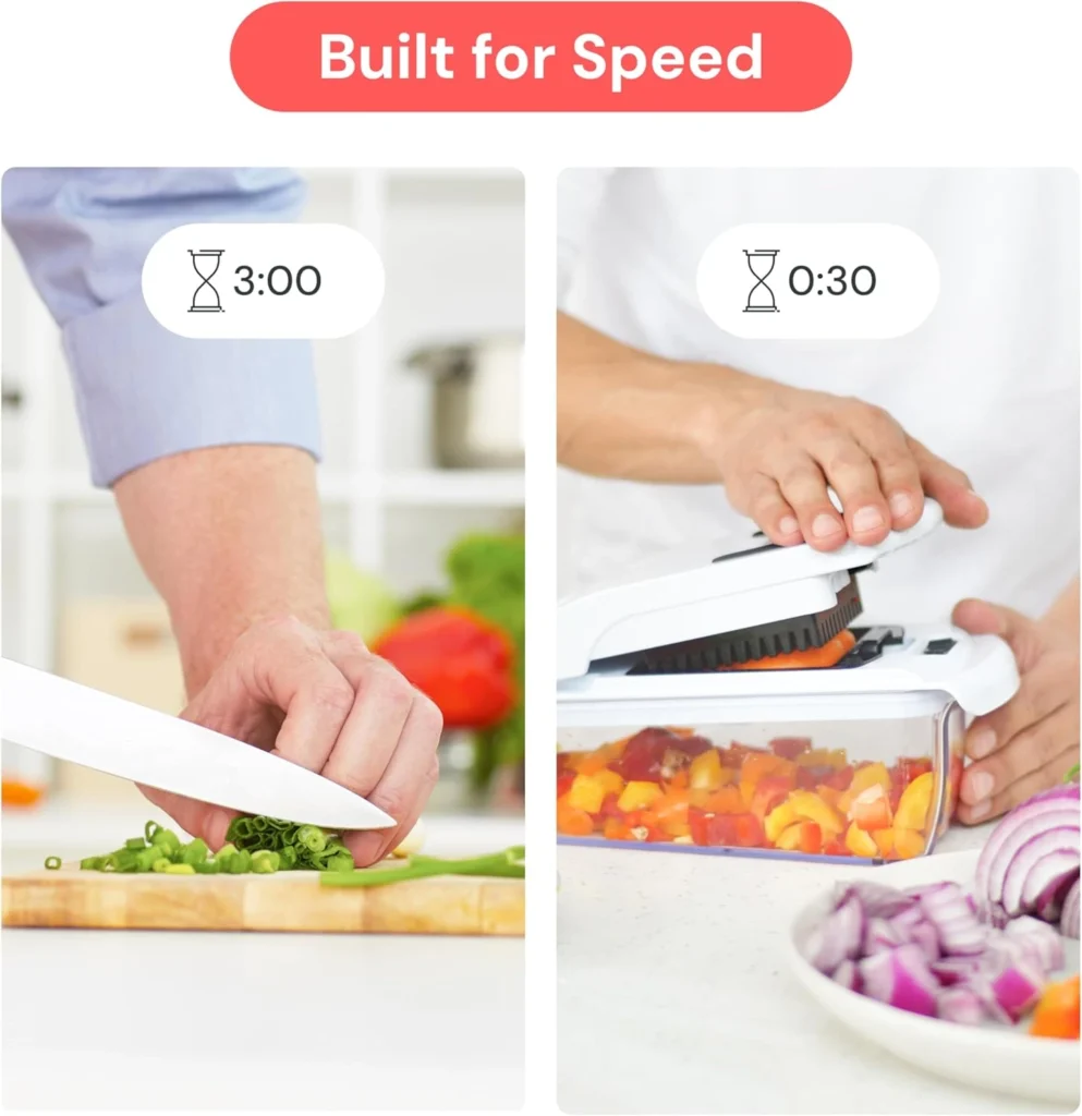 The Fullstar Pro Original Vegetable Chopper displaying four interchangeable stainless steel blades: a fine dicer, medium dicer, ribbon blade, and spiral blade alongside freshly prepped vegetables.
