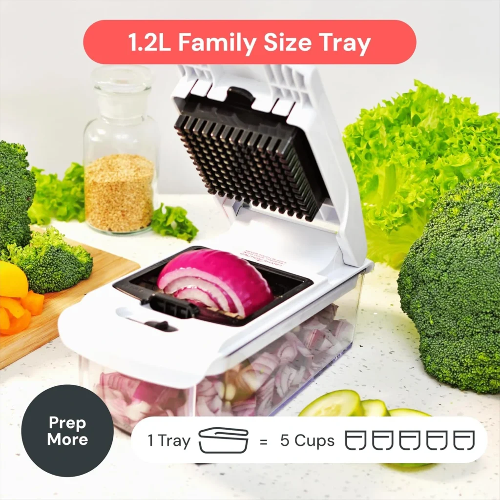 A dynamic product display of the Fullstar Pro Original Vegetable Chopper featuring a red bell pepper being pressed, surrounded by its various interchangeable blades and perfectly diced vegetables falling securely into the clear container.