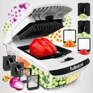 The Fullstar Pro Original Vegetable Chopper open on a clean kitchen counter, highlighting its 1.2-liter family-size catch tray that seamlessly holds up to 5 cups of chopped red onions.